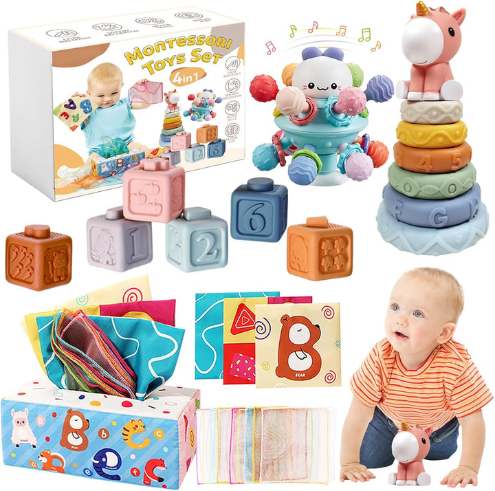 Almaxi Baby Spielzeug 6 Monate-3 Jahren, 4 in 1 Montessori Spielzeug, Stapelturm, Silikonbausteine,