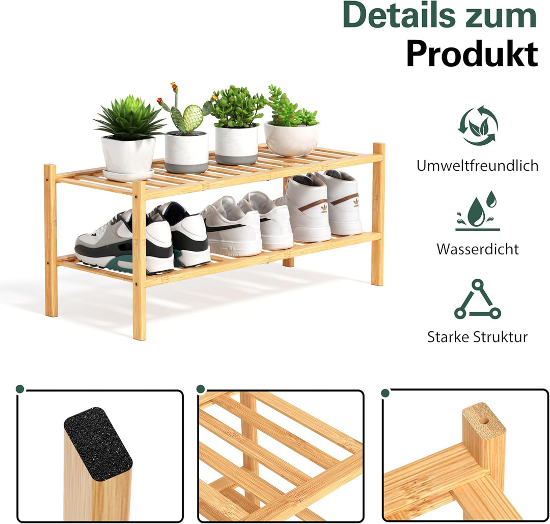Schuhregal aus Bambus, Schuhablage mit 2 Ebenen, 68 x 28 x 32 cm, Erweiterbar Stapelbar, Schuhschran