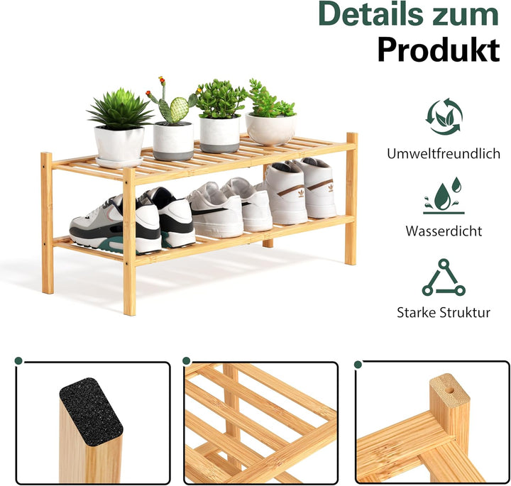 Schuhregal aus Bambus, Schuhablage mit 2 Ebenen, 68 x 28 x 32 cm, Erweiterbar Stapelbar, Schuhschran