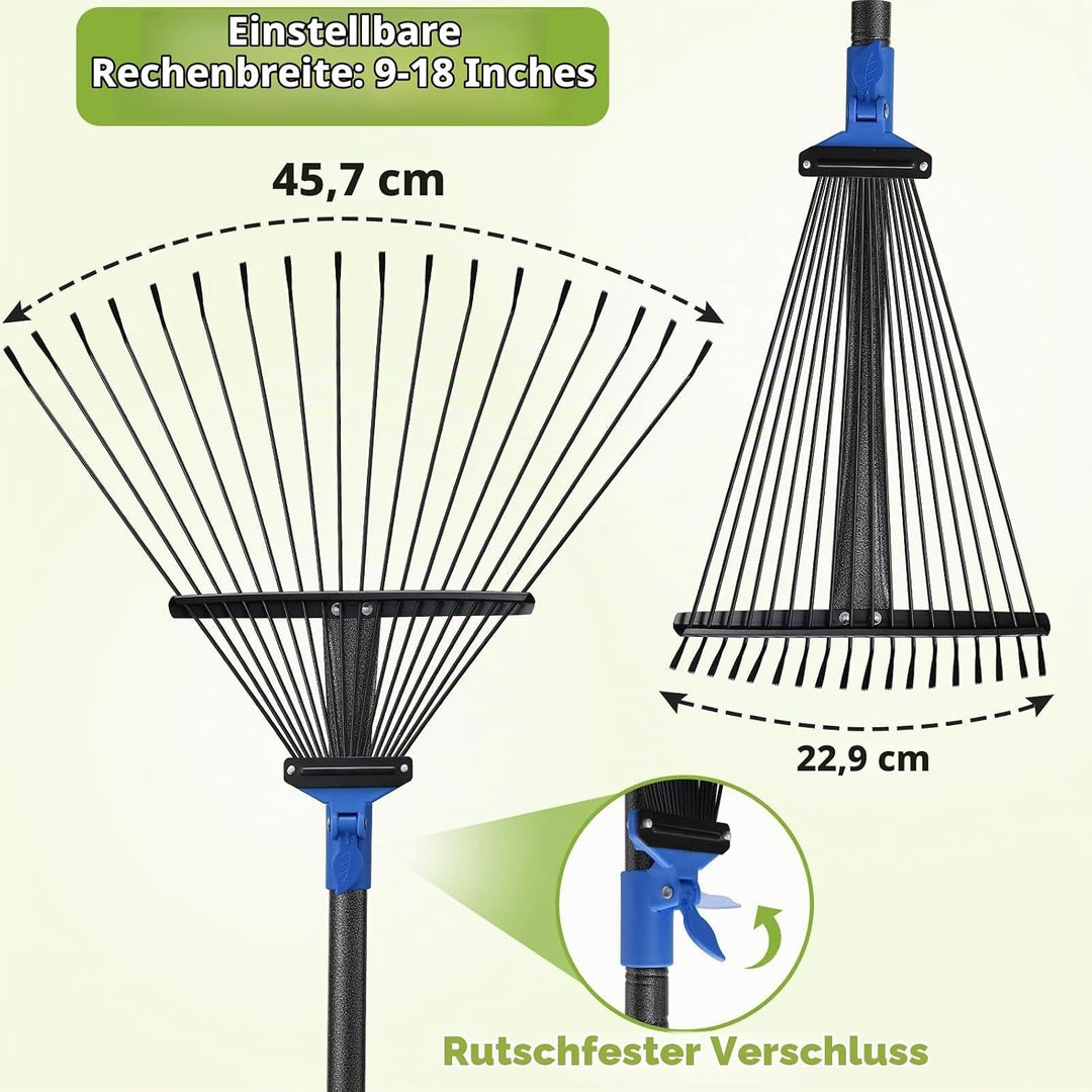 Gartenrechen Laubrechen, 18-zinkiger Metallrechen mit verstellbarem Kopf 25-45 cm, Rasenrechen Laubb