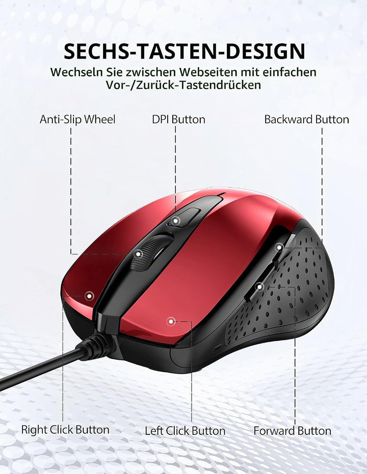 TECKNET Maus mit Kabel, Computermaus mit 6 Tasten, 6400 DPI, Ergonomisches Optical Business Kabelgeb
