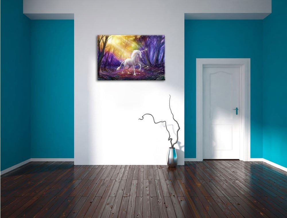 Pixxprint Einhorn im Märchenwald als Leinwandbild/Grösse: 100x70 cm/Wandbild/Kunstdruck/fertig bespa