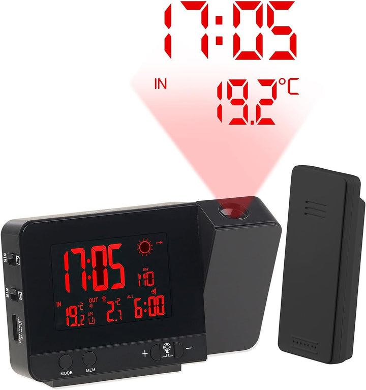 infactory Funk Projektionswecker: Funk-Wetterstation mit Projektions-Wecker, Aussensensor & USB, sch