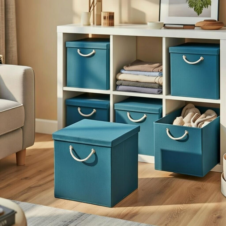 StickandShine 4er Set Türkis Faltbox 30 x 30 x 30 cm Aufbewahrungsbox faltbar mit Kordel und mit Dec