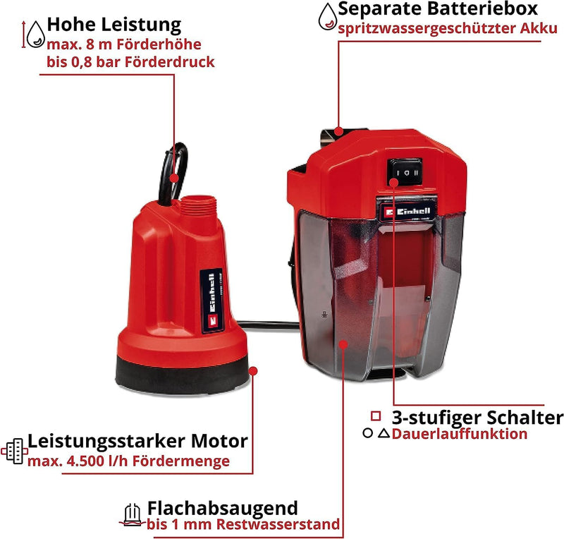 Einhell Akku-Klarwasserpumpe GE-SP 18 LL Li-Solo Power X-Change (Li-Ion, 18V, flachabsaugend bis 1 m