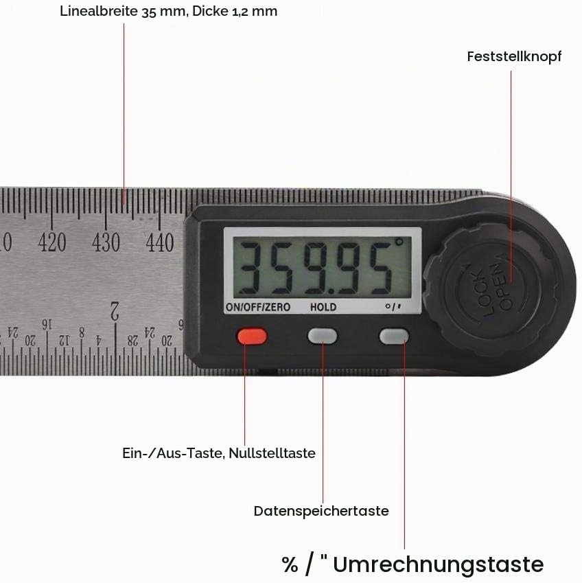 Digitalanzeige Winkellineal, 2-in-1 Elektronisches Winkelmessgerät mit Verriegelungsknopf 0-360 ° Ho