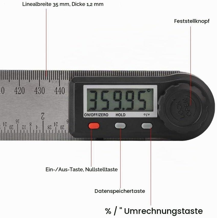 Digitalanzeige Winkellineal, 2-in-1 Elektronisches Winkelmessgerät mit Verriegelungsknopf 0-360 ° Ho