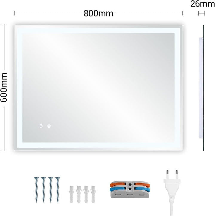Clevich Badspiegel mit Beleuchtung 80×60 cm, LED Spiegel mit 3 Lichtfarben und dimmbar, Touch-Schalt