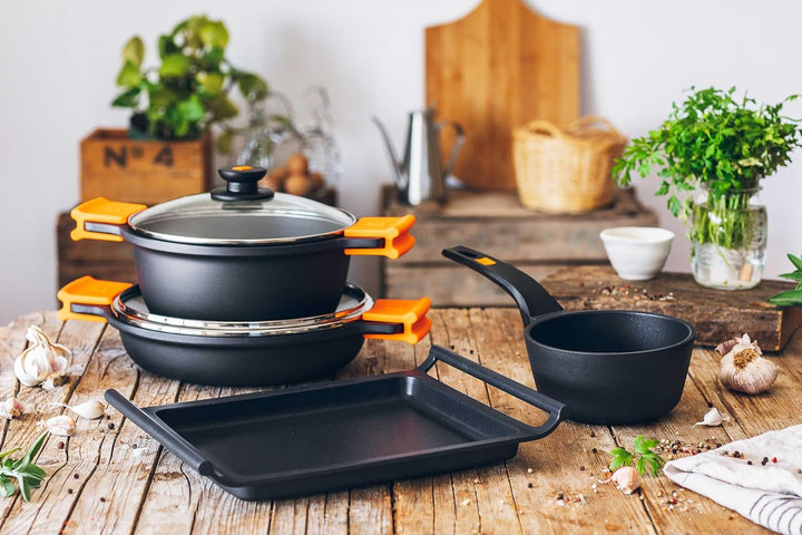 BRA Efficient hoher Kochtopf mit Glasdeckel und Silikongriffe, schwarz, 28 cm Ohne Zubehör 28 cm, Oh