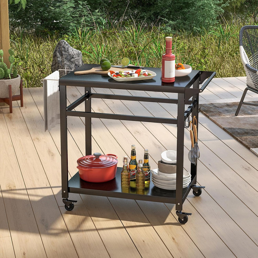 GOPLUS Grillwagen, Grilltisch Outdoor mit Griff, 2 Ablagen, Haken & Rollen, multifunktionaler Pizzat