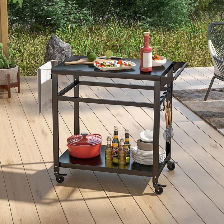 GOPLUS Grillwagen, Grilltisch Outdoor mit Griff, 2 Ablagen, Haken & Rollen, multifunktionaler Pizzat