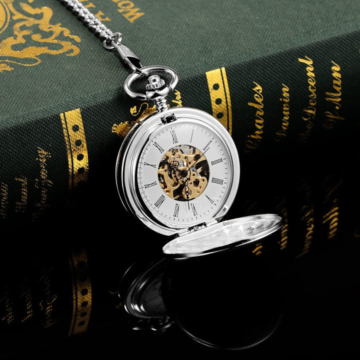 TREEWETO Herren-Taschenuhr mit doppeltem offenem Gehäuse, mechanischer Handaufzug, silberfarbene Tas
