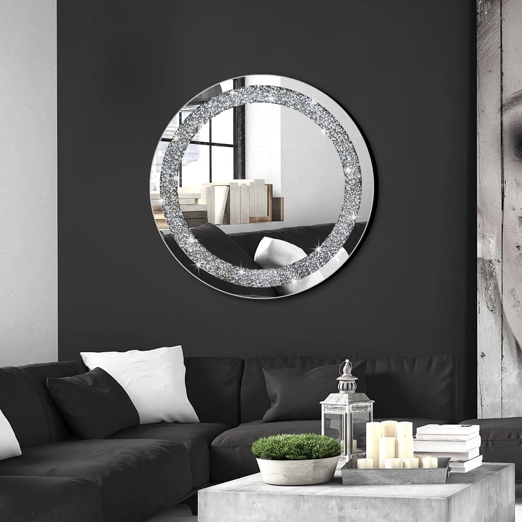 QMDECOR Crystal Crush Diamond Sparkly Round Silver Mirror for Wall Decoration 50,8 x 50,8 x 2,5 cm W
