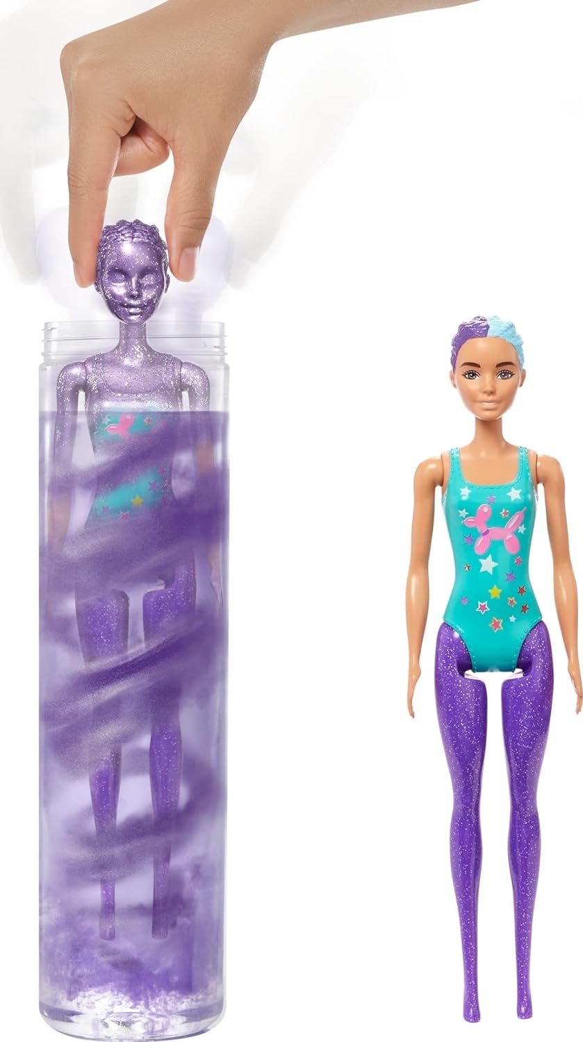 Barbie HBG41 - Color Reveal Balloon Haarwechsel Puppe, Glitzerviolett Spielset mit 25 Überraschungen