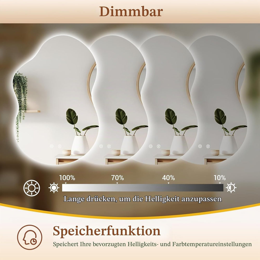 Clevich Badspiegel mit Beleuchtung Asymmetrisch 90×60 cm, LED Spiegel mit 3 Lichtfarben dimmbar, geh