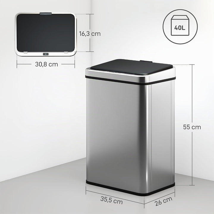 HOMCOM Sensor Mülleimer 40L Edelstahl Automatischer Mülleimer mit Soft-Close-Deckel Bewegungssensor