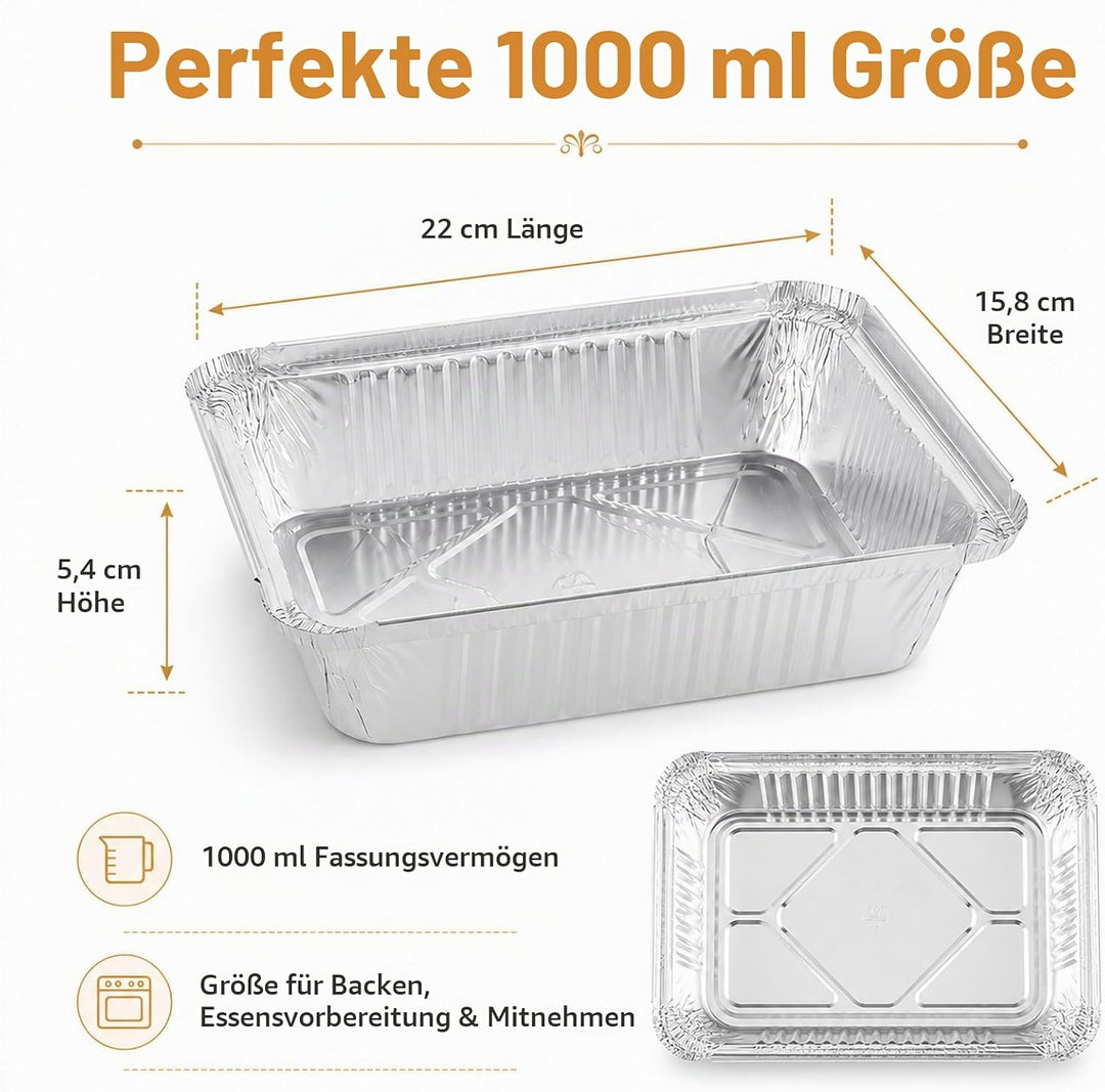 WOPPLXY 50 Stück Aluschalen mit Deckel, 1000ml Aluschalen Grill, 21,5 x 15 x 5cm Alu Grillschalen fü