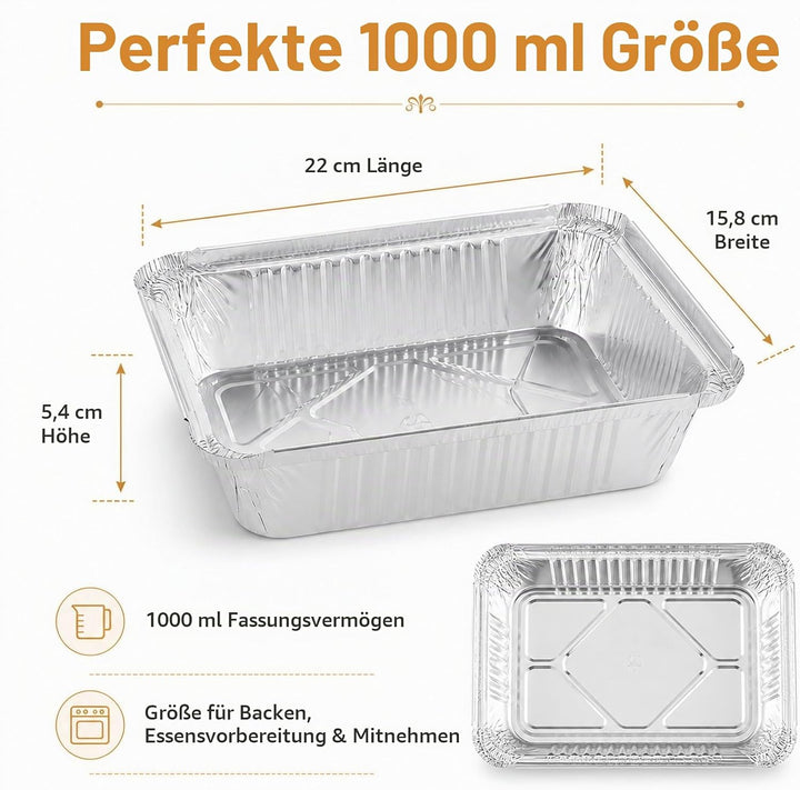 WOPPLXY 50 Stück Aluschalen mit Deckel, 1000ml Aluschalen Grill, 21,5 x 15 x 5cm Alu Grillschalen fü