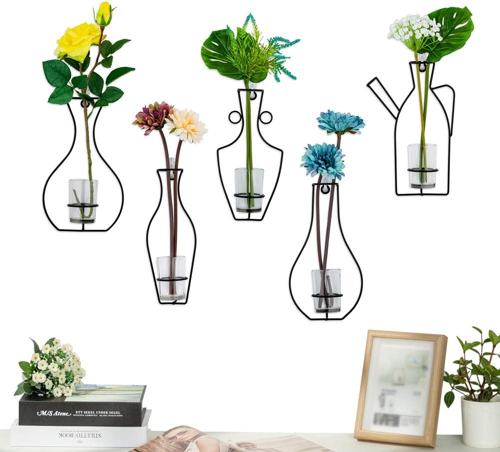 NUPTIO Satz von 5 Wandbehang Pflanzgefässe mit Glasbecher Vasen, Eisen Metallständer für Wasser Pfla