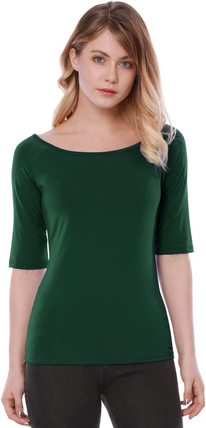 Allegra K Damen Halbarm Bluse T-Shirt Rundhals Slim Fit Einfarbig Oberteil XL Olivgrün, XL Olivgrün