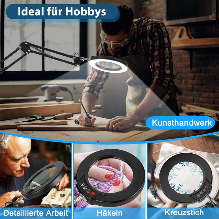 10X Lupe mit Licht und Klemme, LED Lupenlampe mit Glaslinse, 5 Farbmodi Stufenlosem Dimmen, Lupe mit