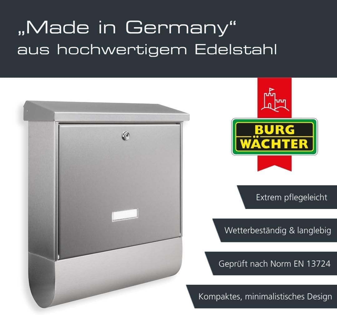 BURG-WÄCHTER Briefkasten mit Zeitungsfach und Namensschild, Rostfreier Edelstahl, Einwurf-Format DIN