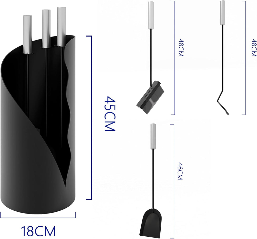 Kingson Kaminbegleiter-Set 3-teilig - Modernes Kaminbesteck mit Bürste, Schaufel & Schürhaken - Rund