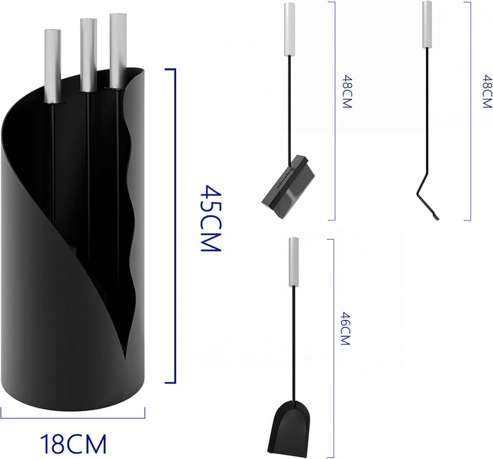 Kingson Kaminbegleiter-Set 3-teilig - Modernes Kaminbesteck mit Bürste, Schaufel & Schürhaken - Rund