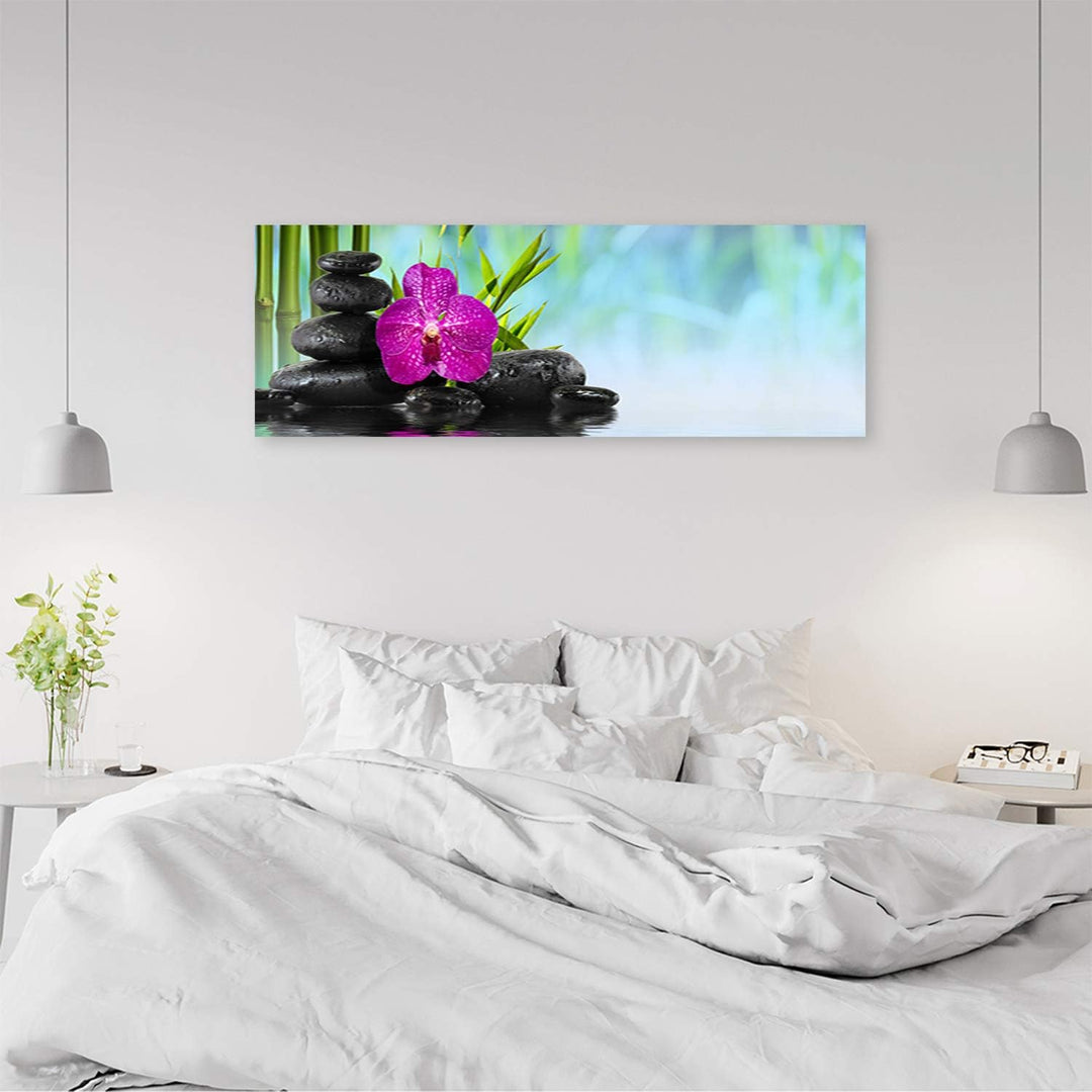 Wandbild XXL Steine Zen Deko Kunst Bilder Blume mehrfarbig 158x53 cm Deko Paneel 158x53 cm mehrfarbi