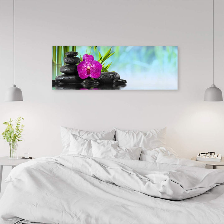 Wandbild XXL Steine Zen Deko Kunst Bilder Blume mehrfarbig 158x53 cm Deko Paneel 158x53 cm mehrfarbi