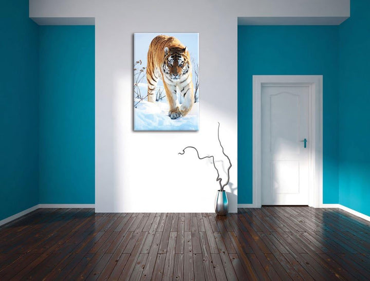 Tiger im Schnee, Format: 100x70 auf Leinwand, XXL riesige Bilder fertig gerahmt mit Keilrahmen, Kuns