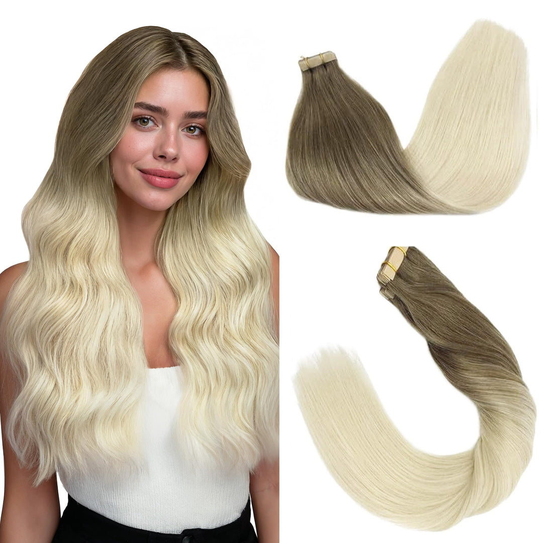 GOO GOO Tape in Exitensions Echthaar, Ombre Ash Brown bis Platinum Blonde 20pcs 50g 45cm, Remy Tape
