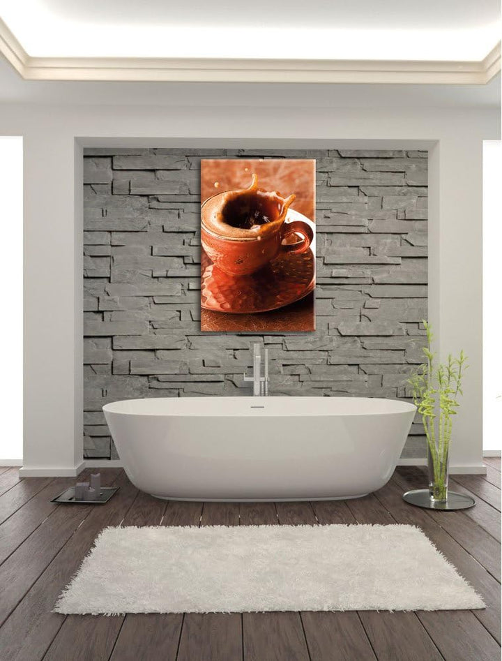 Kaffee spritzt aus Tasse, Format: 100x70 auf Leinwand, XXL riesige Bilder fertig gerahmt mit Keilrah