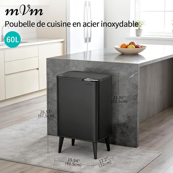 mVm Küchen & Büromülleimer 60L, Edelstahl, Rechteckig, Mit Deckel & Geruchsfilter, Sanftschliessend