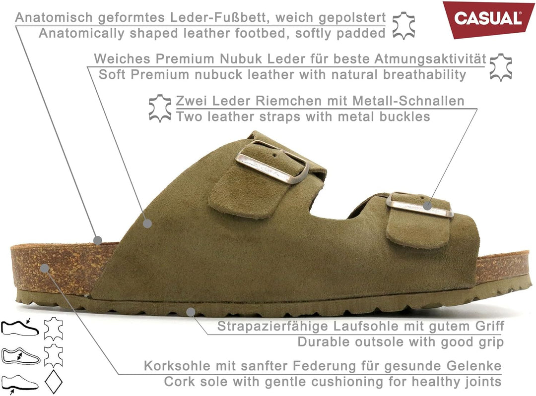 Casual Herren Pantoletten Nubuk Leder Sandalen Korksohle &amp; Echtleder Fussbett 39-47 42 EU Khaki, 42