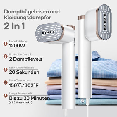 Newbealer Steamer Dampfglätter, 1200W, 120ml, Tragbarer Dampfbügel mit Hand Dampfbürste für Kleidung