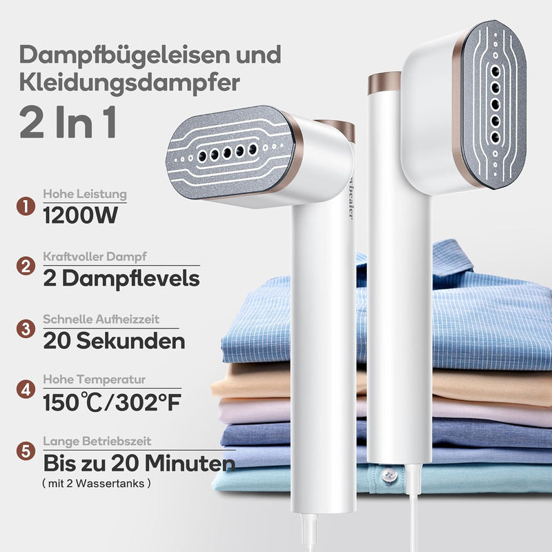 Newbealer Steamer Dampfglätter, 1200W, 120ml, Tragbarer Dampfbügel mit Hand Dampfbürste für Kleidung