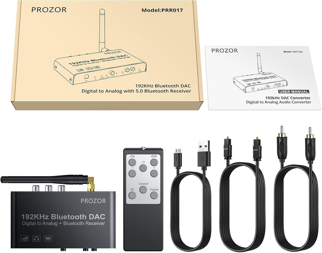 PROZOR DAC Konverter 192kHz Eingebauter Bluetooth V5.0 Empfänger Digital zu Analog Stereo L/R RCA 3.