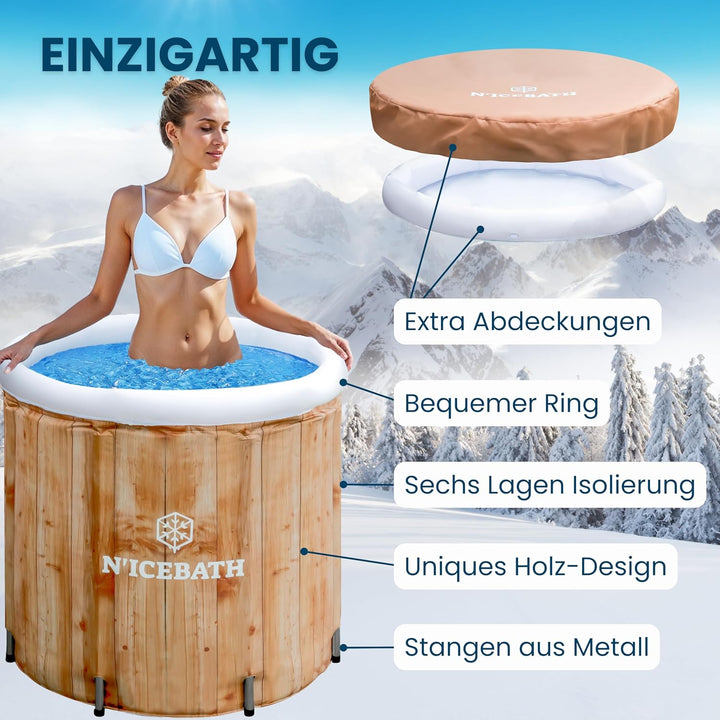 N'ICEBATH Eisbad RefreshPod 80 cm Ø x 75 cm in Holz-Optik - Eisbaden Tonne - faltbare Eisbadewanne f