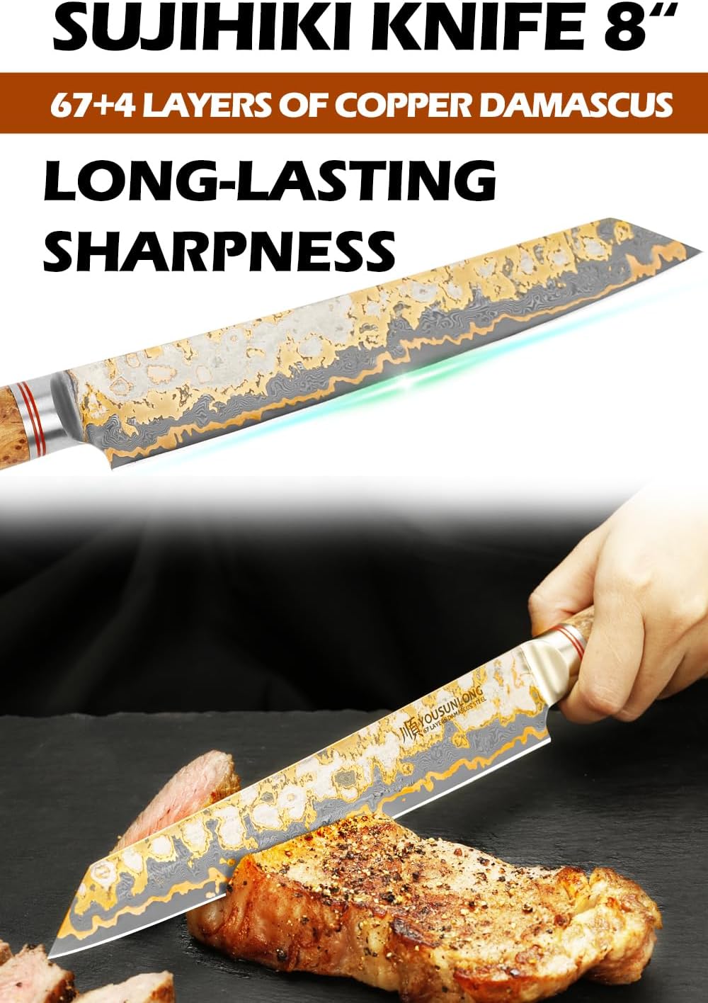 YOUSUNLONG Sujihiki Slicing-Messer,205mm Sashimi-Sushi-Messer,Handgefertigter Kupfer-Damaszener-Stah