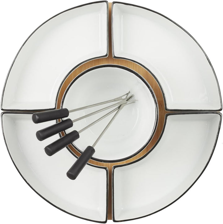 Fondue Set für 4 Personen - Bambus und Porzellan - Inklusive Schalen und Gabeln - 30 x 30 x 19 cm