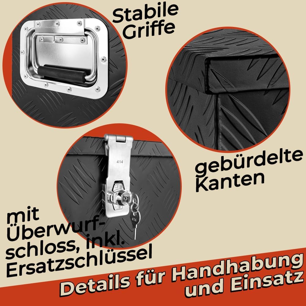 Trucky Truckbox aus Aluminium, in Schwarz, Abschliessbar, Robustes Riffelblech, Für Werkstatt, Auto,