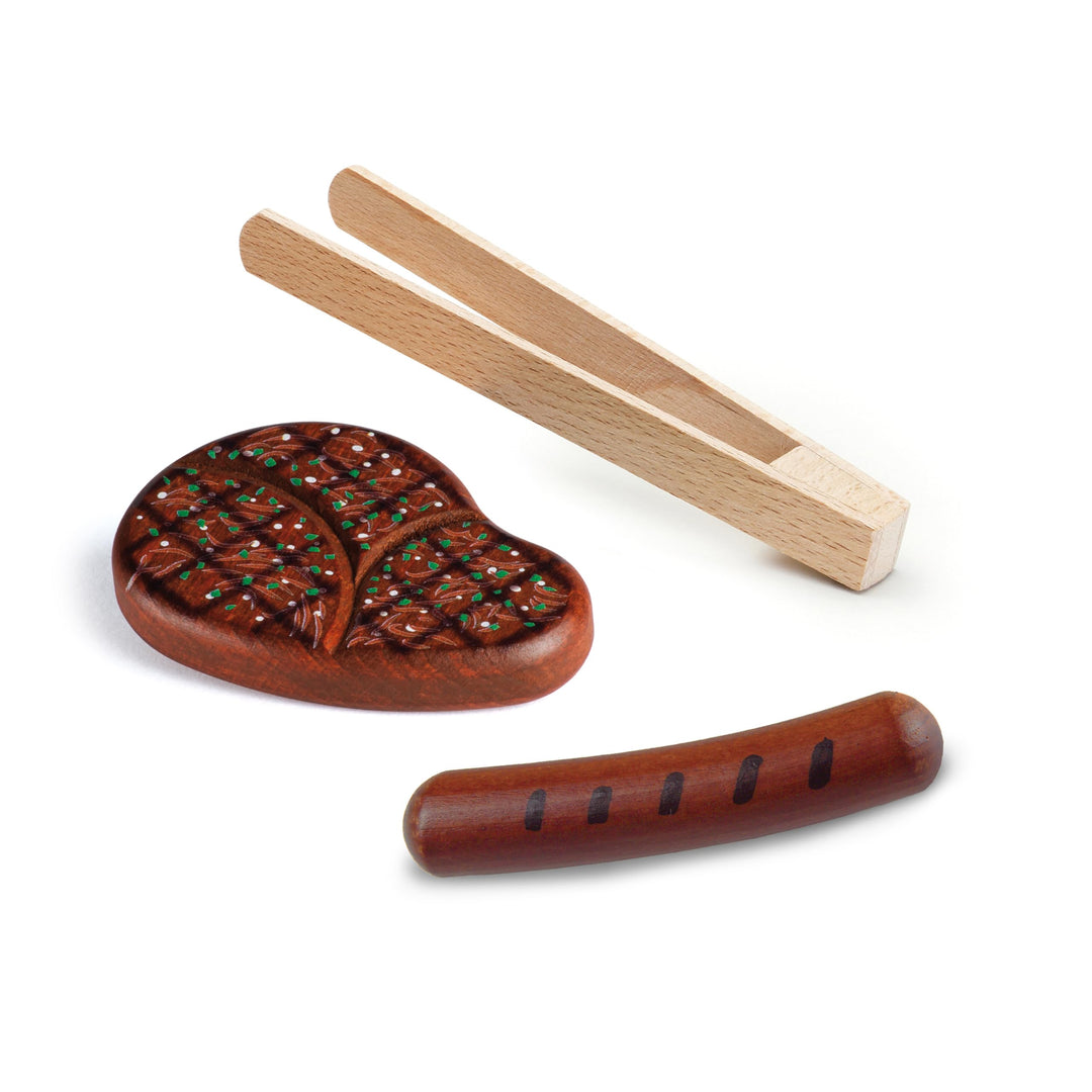 Erzi 03091 Kaufladenartikel für Kinder aus Holz, Set Grillzange, Steak und Bratwurst, Rollenspiele