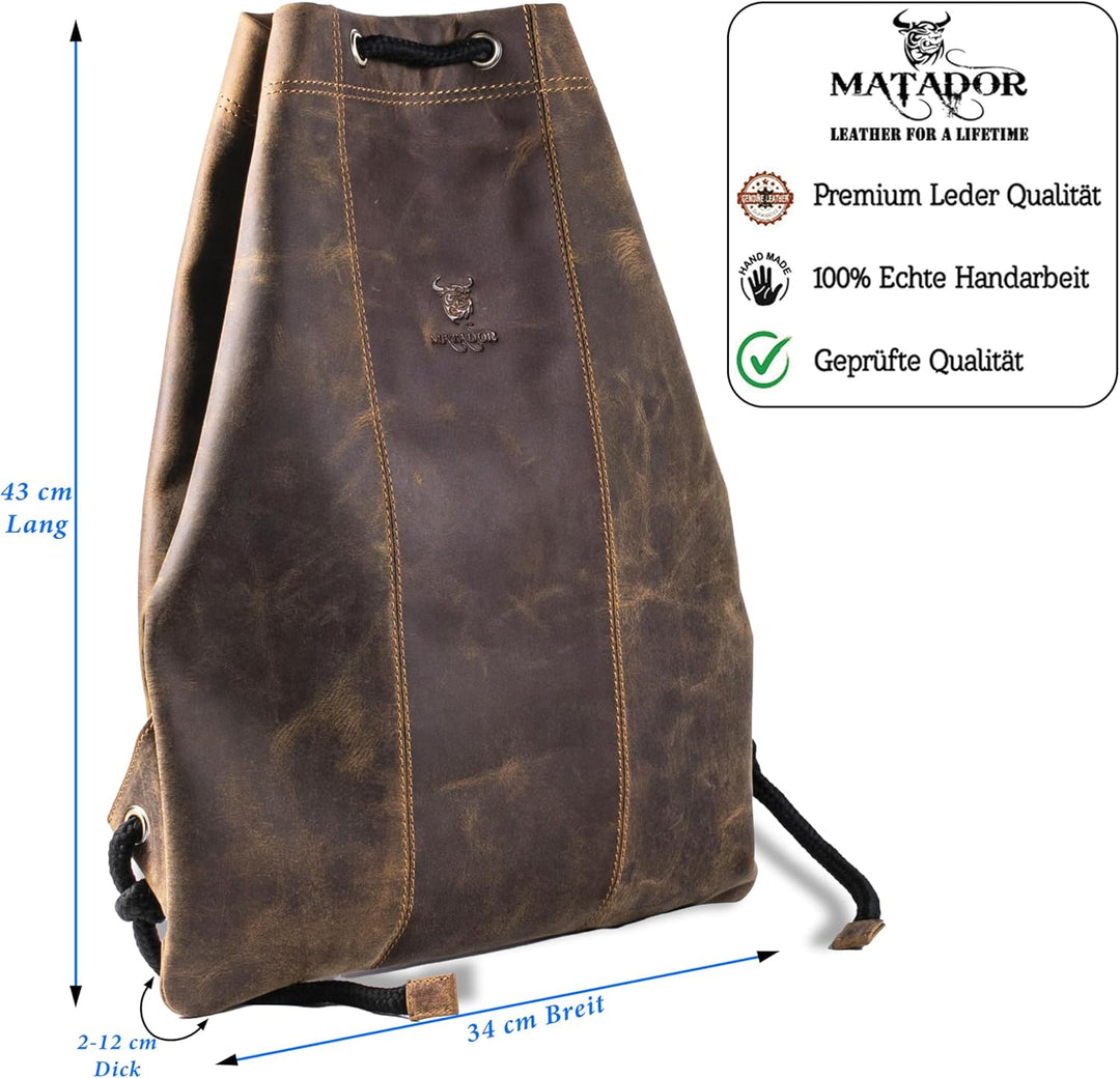 MATADOR Gymbag Turnbeutel Frauen Leder Sportbeutel Herren Rucksack Turntasche Lederrucksack Hunter B