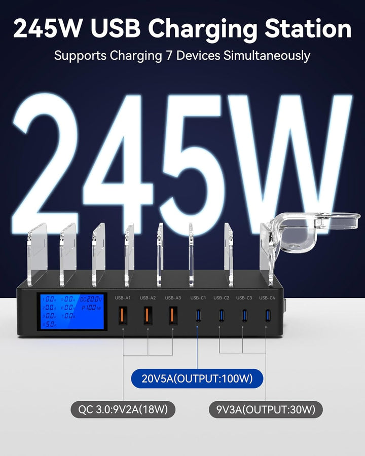 Ladestation Mehrere Geräte, 245W 7-Port-Handy Ladestation mit LCD-Anzeige, 100W PD USB C Schnelllade