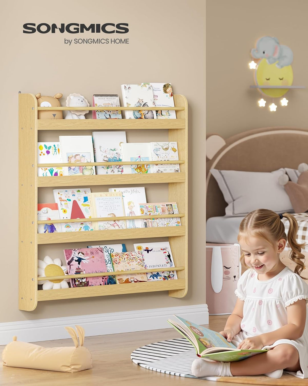SONGMICS Bücherregal Kinder, Kinderregal mit 4 Ebenen, Spielzeugregal, Wandregal, für Kinderzimmer,
