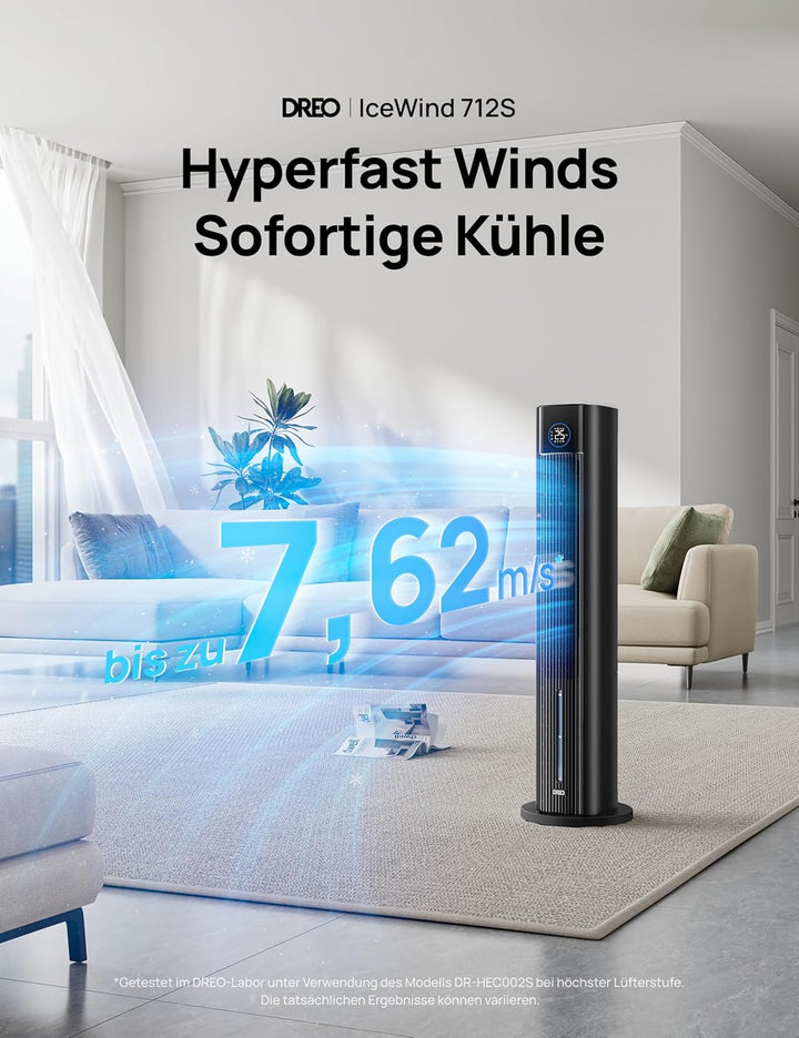 DREO Turmventilator mit Wasserkühlung, 110 cm Luftkühler mit Wasserkühlung Leise, 4-Geschwindigkeite