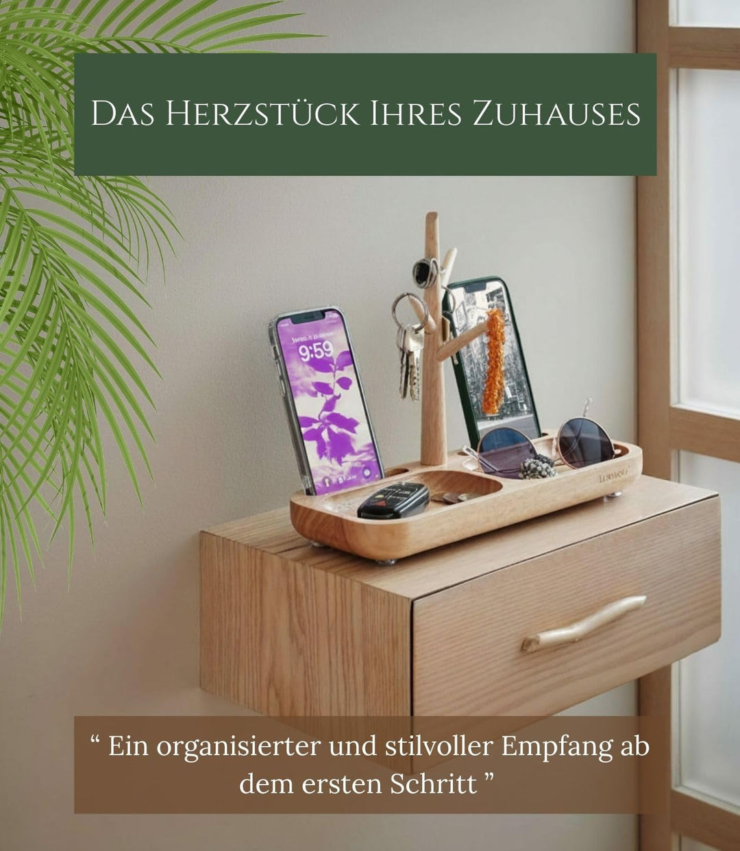 Schlüsselschale und Taschenleerer Holz mit 2 Fächern für Münzen, Uhren... Schlüsselkorb - Handyhalte