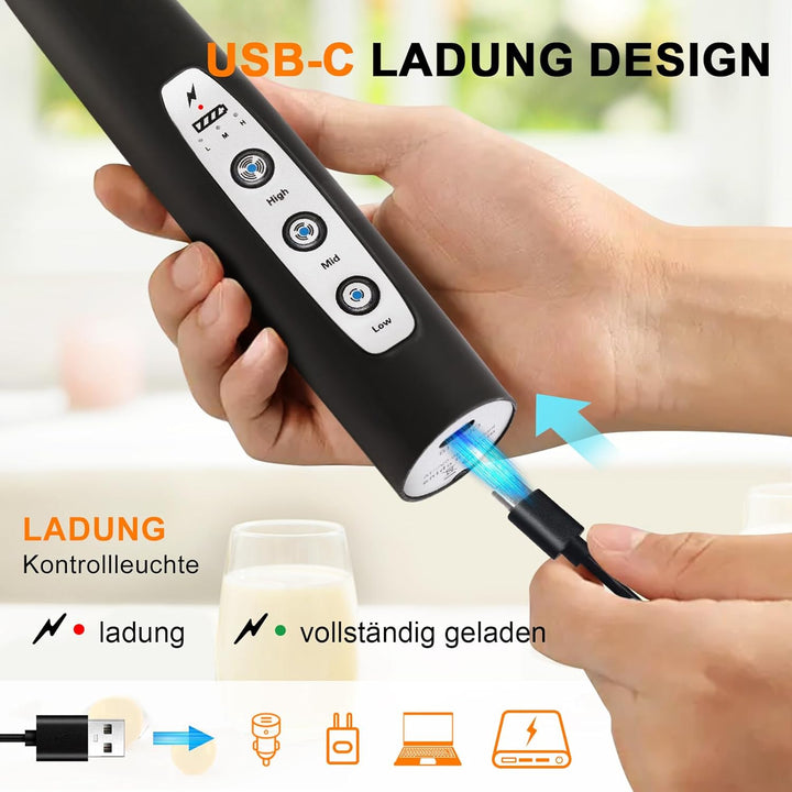 YUSWKO Milchaufschäumer Stab für Kaffee mit Ständer, Usb Wiederaufladbarer Aufschäumer, 3 Schneebese