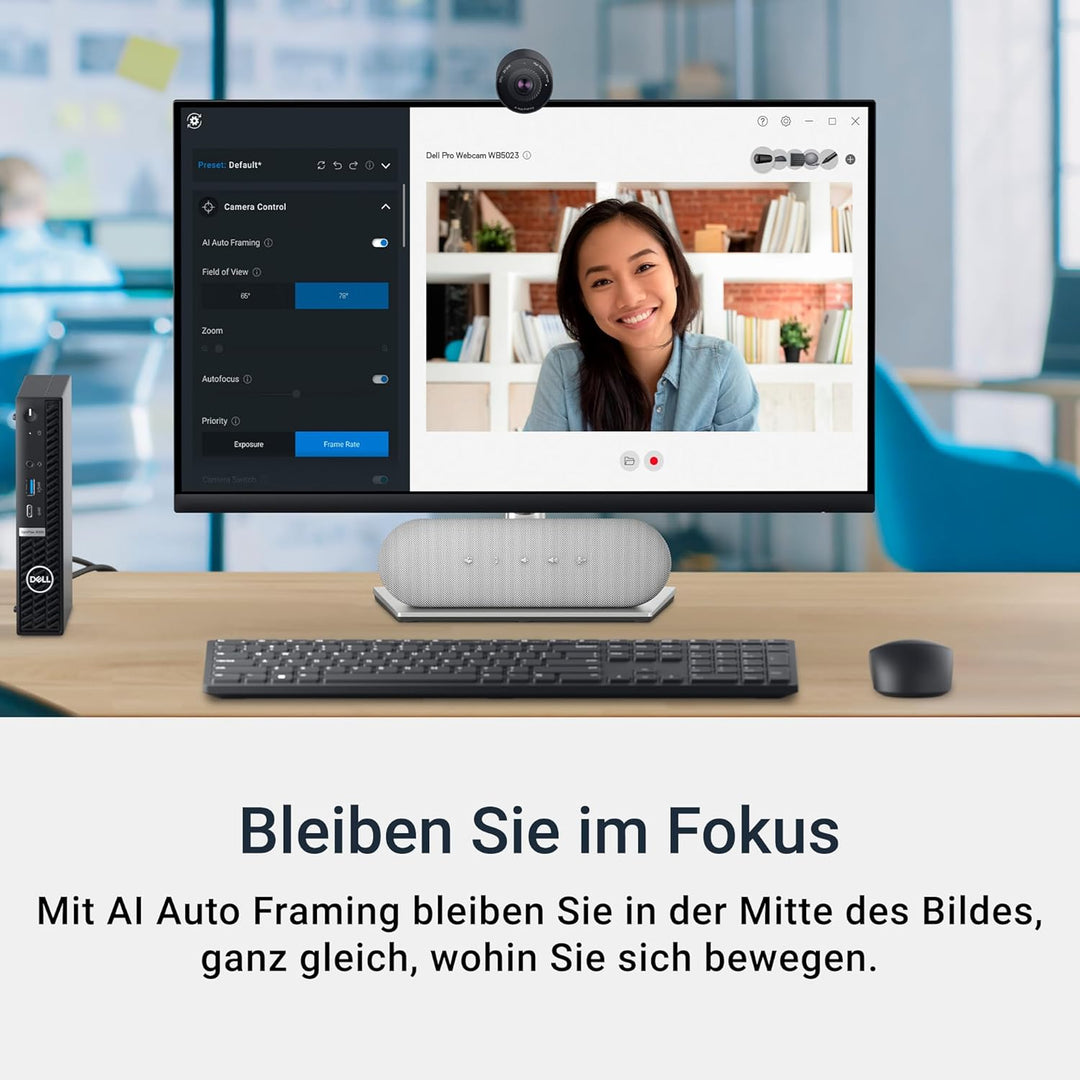 Dell Pro Webcam WB5023 – 2K QHD, Sony STARVIS-Sensor, AI Auto Framing, HDR, 65°/78° Sichtfeld, Rausc